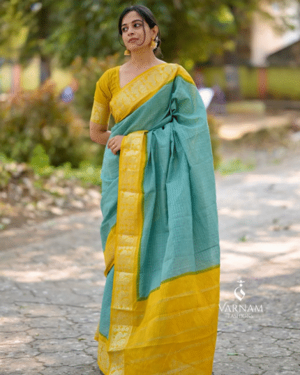 Bottle Blue And Yellow Color Signature Line Soft Banarasi Silk Saree with Classy Bloue Piece