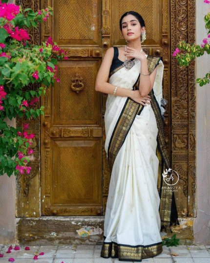 White Color Fresh Arrival Soft Banarasi Silk Saree with Classy Bloue Piece