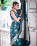 Bottle Blue Color Best Seller Soft Banarasi Silk Saree with Classy Bloue Piece - Image 3