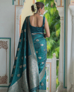Bottle Blue Color Best Seller Soft Banarasi Silk Saree with Classy Bloue Piece - Image 5