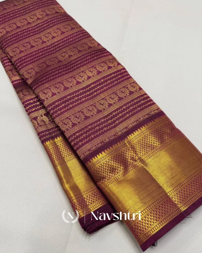 Purple Color Recently Launched Pure Golden Zari Work Soft Banarasi Silk Saree with Classy Blouse Piece - Image 1