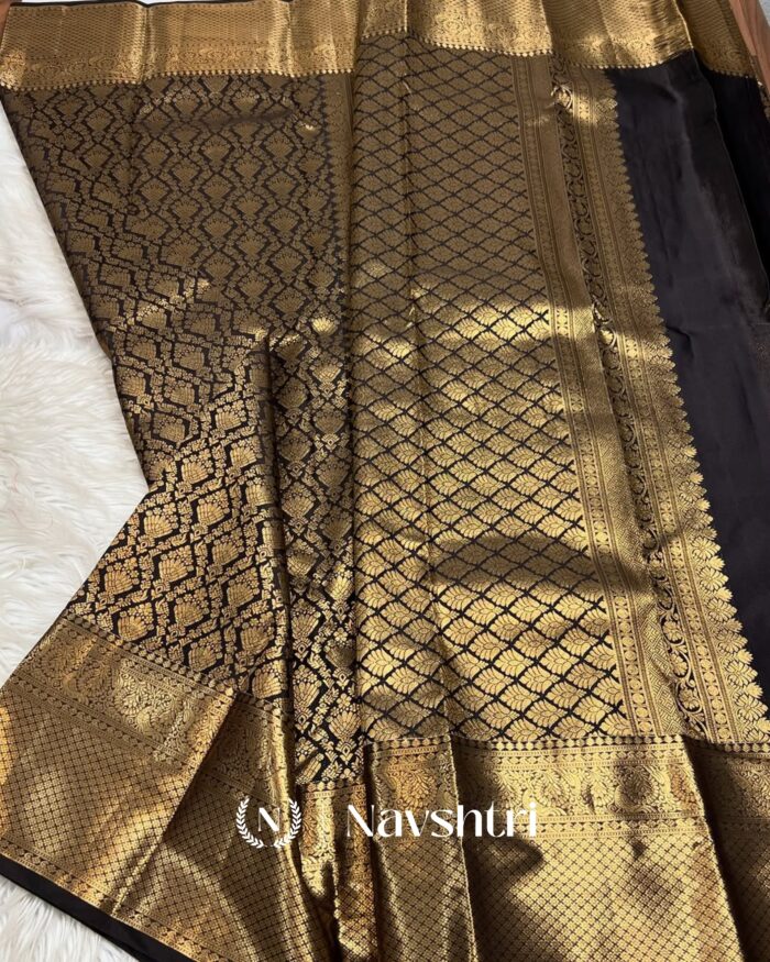 Black Color Just Released Pure Golden Zari Work Soft Banarasi Silk Saree with Classy Blouse Piece - Image 3