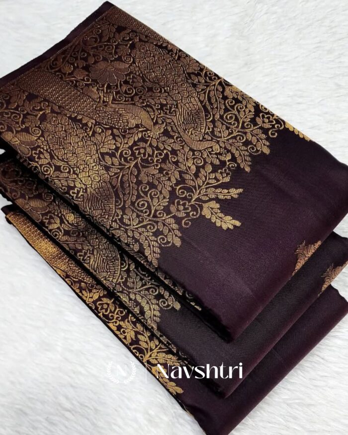 Brown Color Color Elite Pure Golden Zari Work Soft Banarasi Silk Saree with Classy Blouse Piece - Image 2