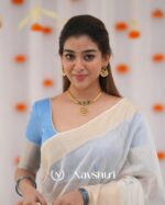 White Color Luxury Edition Soft Banarasi Silk Saree with Classy Sky Blue Color Blouse Piece - Image 6