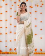 White Color Recent Release Soft Banarasi Silk Saree with Classy Green Color Blouse Piece