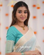 White Color Recent Drop Soft Banarasi Silk Saree with Classy Bottle Blue colorBlouse Piece - Image 4