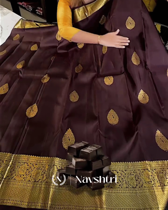 Gratifying Brown Color Soft Banarasi Silk Saree With Pure Golden Zari Work & Classy Blouse Piece - Image 1