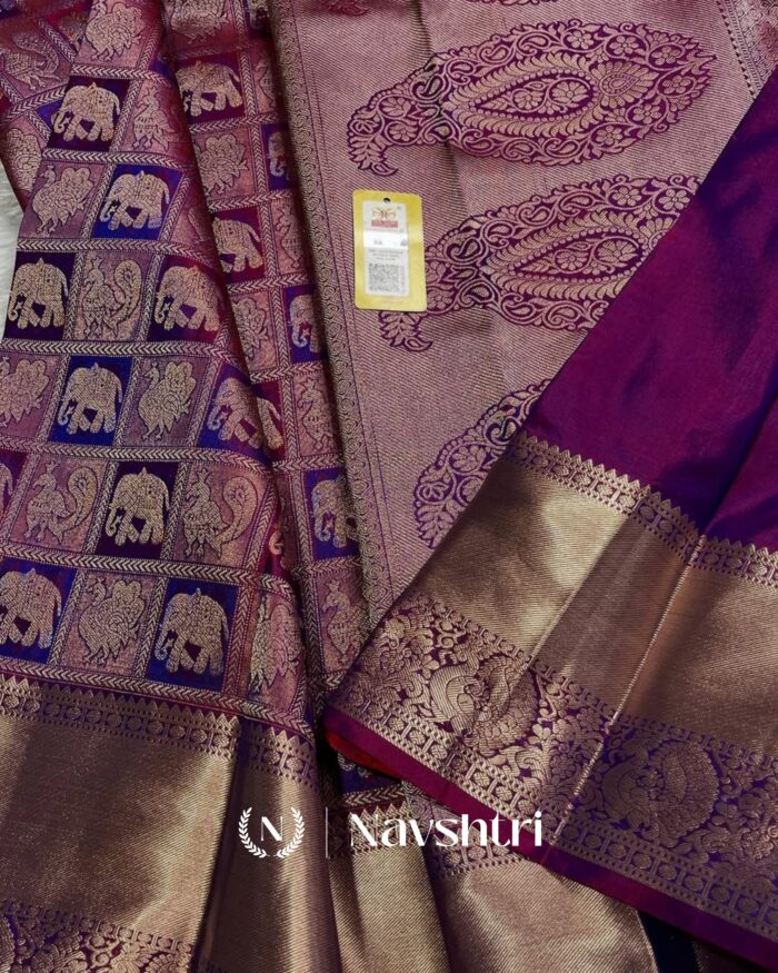 Wine Color Recent Drop Pure Golden Zari Work Soft Banarasi Silk Saree with Classy Blouse Piece - Image 2