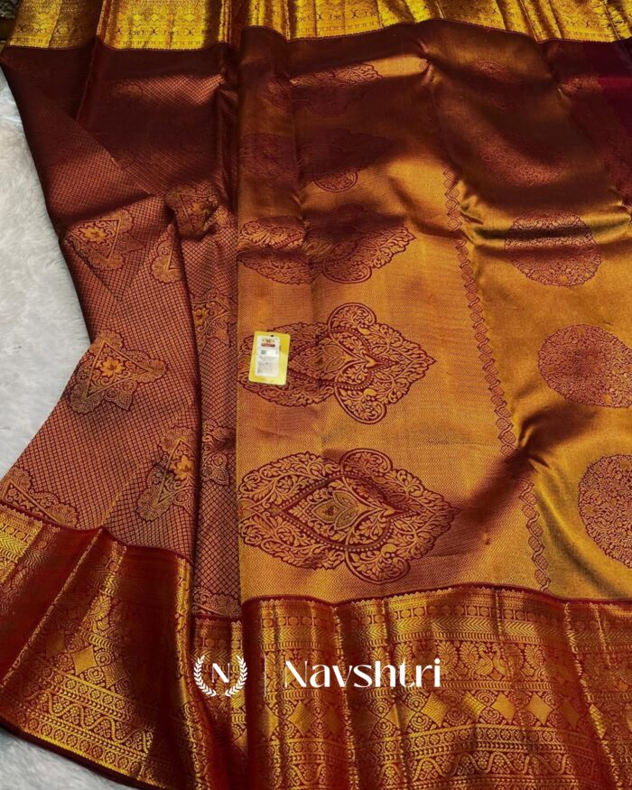 Brown Color Yellow Color Pure Golden Zari Work Soft Banarasi Silk Saree with Classy Blouse Piece - Image 2