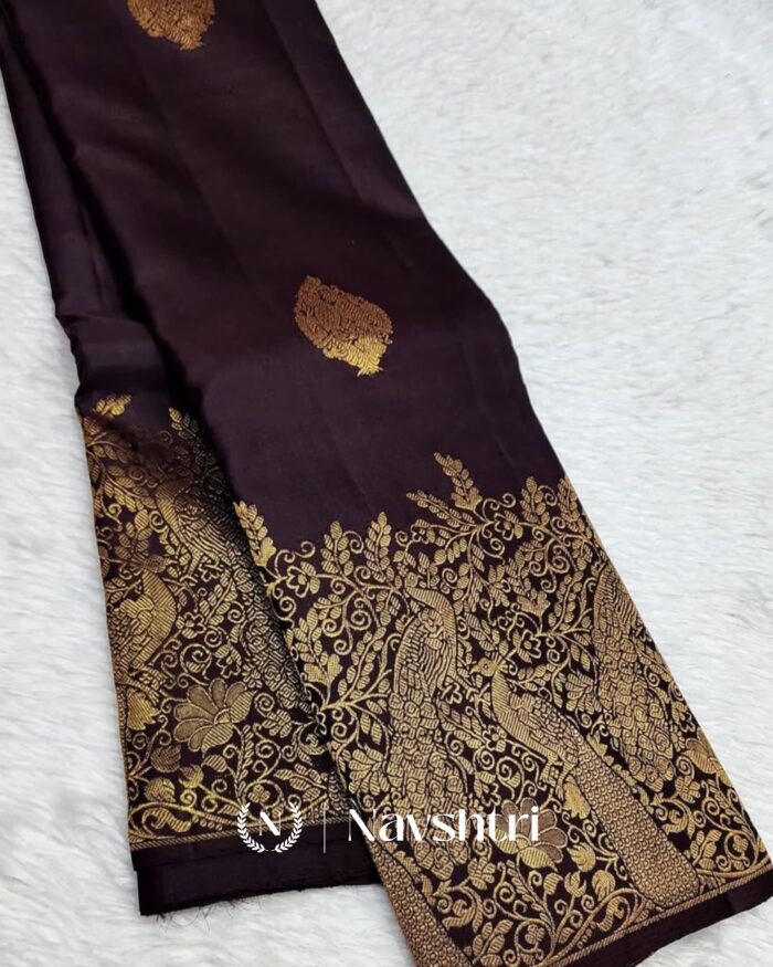 Brown Color Color Elite Pure Golden Zari Work Soft Banarasi Silk Saree with Classy Blouse Piece - Image 1