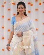 White Color Luxury Edition Soft Banarasi Silk Saree with Classy Sky Blue Color Blouse Piece - Image 5