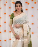 White Color Recent Release Soft Banarasi Silk Saree with Classy Green Color Blouse Piece - Image 2
