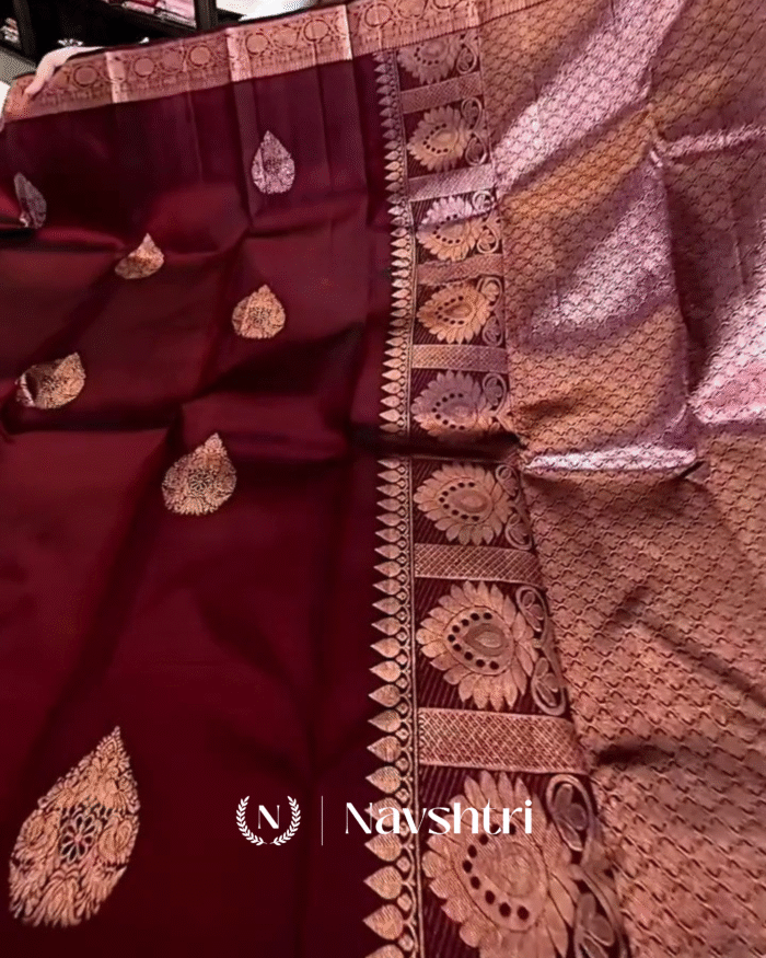 Adorable Wine Color Soft Banarasi Silk Saree With Pure Golden Zari Work & Classy Blouse Piece - Image 2