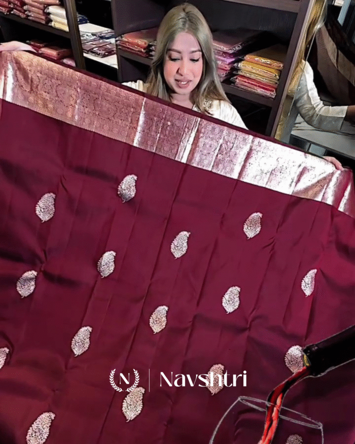 Divine Wine Color Soft Banarasi Silk Saree With Pure Golden Zari Work & Classy Blouse Piece - Image 1