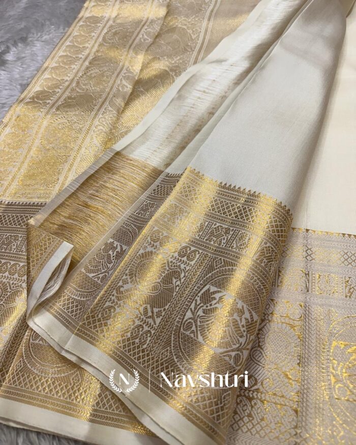 Cream Color Color Fresh Pure Golden Zari Work Soft Banarasi Silk Saree with Classy Blouse Piece - Image 3