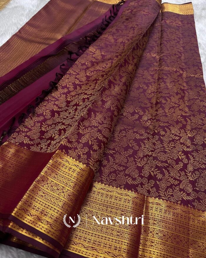 Purple Color Color Recent Pure Golden Zari Work Soft Banarasi Silk Saree with Classy Blouse Piece - Image 3