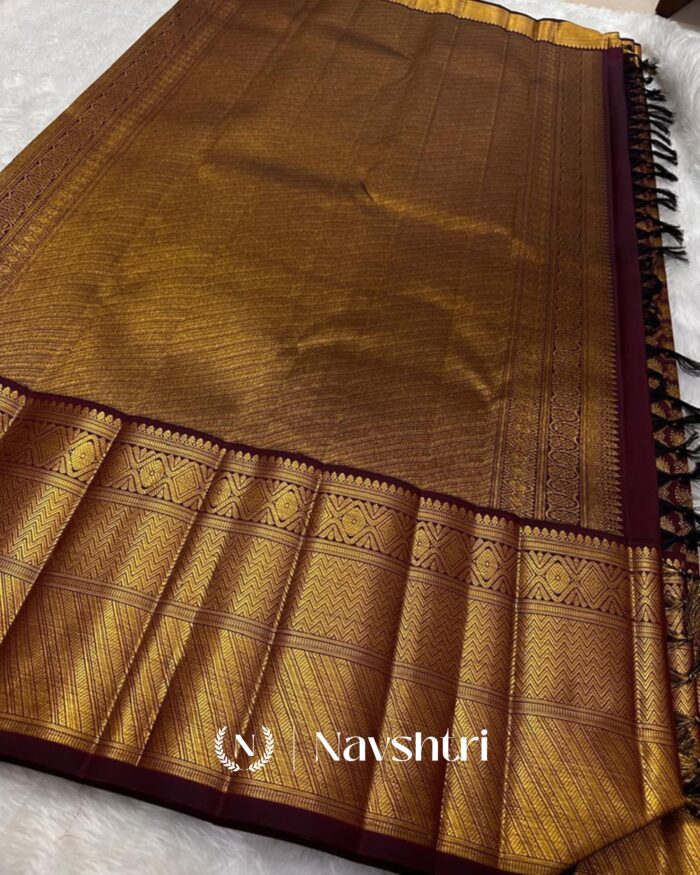 Brown Color Curated Quality Pure Golden Zari Work Soft Banarasi Silk Saree with Classy Blouse Piece - Image 3