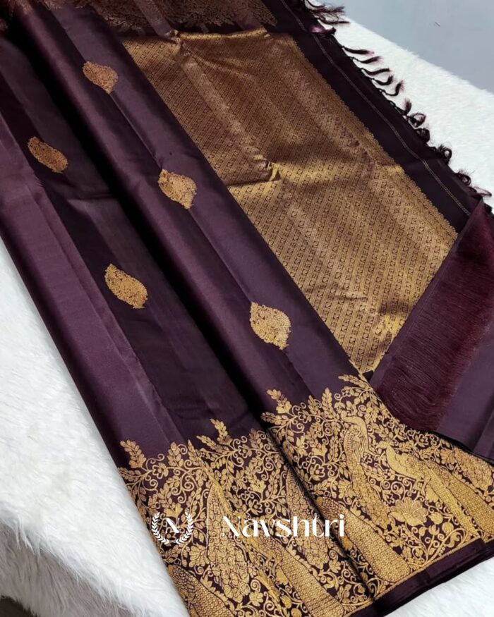 Brown Color Color Elite Pure Golden Zari Work Soft Banarasi Silk Saree with Classy Blouse Piece - Image 3