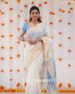 White Color Luxury Edition Soft Banarasi Silk Saree with Classy Sky Blue Color Blouse Piece