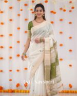 White Color Recent Release Soft Banarasi Silk Saree with Classy Green Color Blouse Piece - Image 3