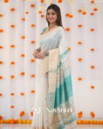 White Color Recent Drop Soft Banarasi Silk Saree with Classy Bottle Blue colorBlouse Piece - Image 3