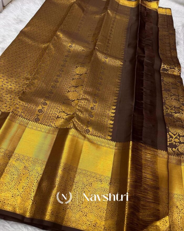 Coffe Color Hot Right Pure Golden Zari Work Soft Banarasi Silk Saree with Classy Blouse Piece - Image 2