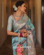 Sky Blue Color New DesignSoft Banarasi Silk Saree with Classy Blouse Piece - Image 4