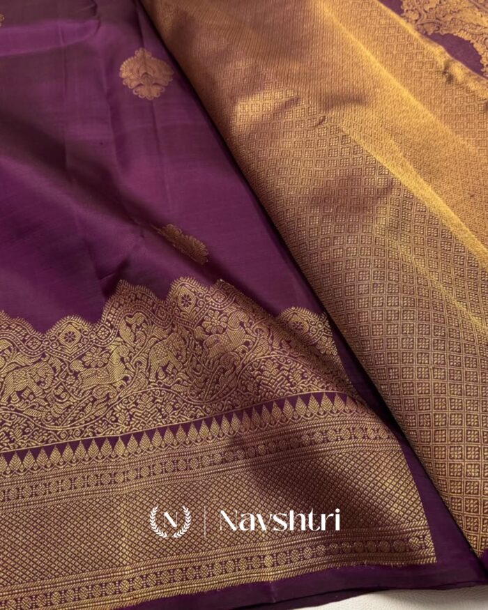 Purple Color Signature Line Pure Golden Zari Work Soft Banarasi Silk Saree with Classy Blouse Piece - Image 3