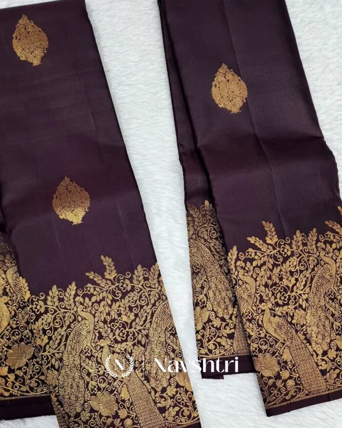Brown Color Color Elite Pure Golden Zari Work Soft Banarasi Silk Saree with Classy Blouse Piece - Image 4