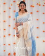White Color Luxury Edition Soft Banarasi Silk Saree with Classy Sky Blue Color Blouse Piece - Image 2
