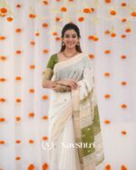 White Color Recent Release Soft Banarasi Silk Saree with Classy Green Color Blouse Piece - Image 4