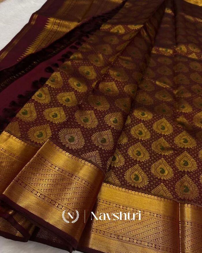 Brown Color Color Just Pure Golden Zari Work Soft Banarasi Silk Saree with Classy Blouse Piece - Image 3