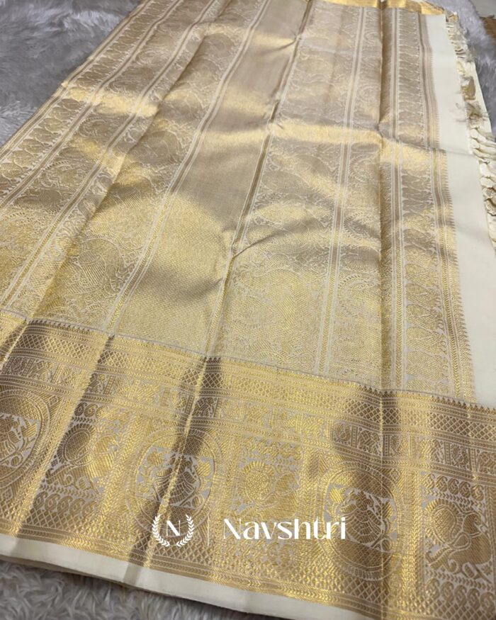Cream Color Color Fresh Pure Golden Zari Work Soft Banarasi Silk Saree with Classy Blouse Piece - Image 5