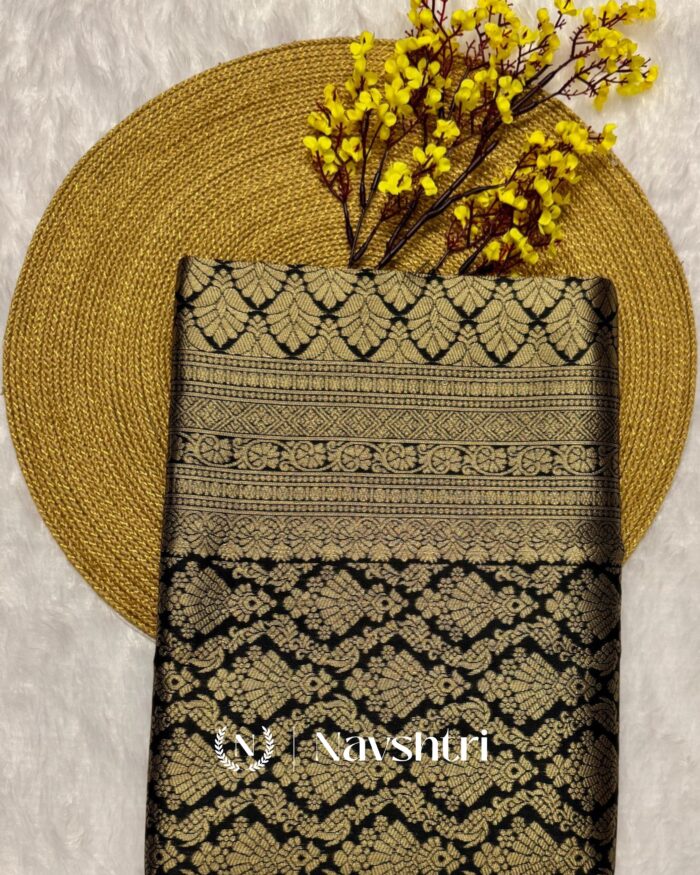 Black Color Just Released Pure Golden Zari Work Soft Banarasi Silk Saree with Classy Blouse Piece - Image 2