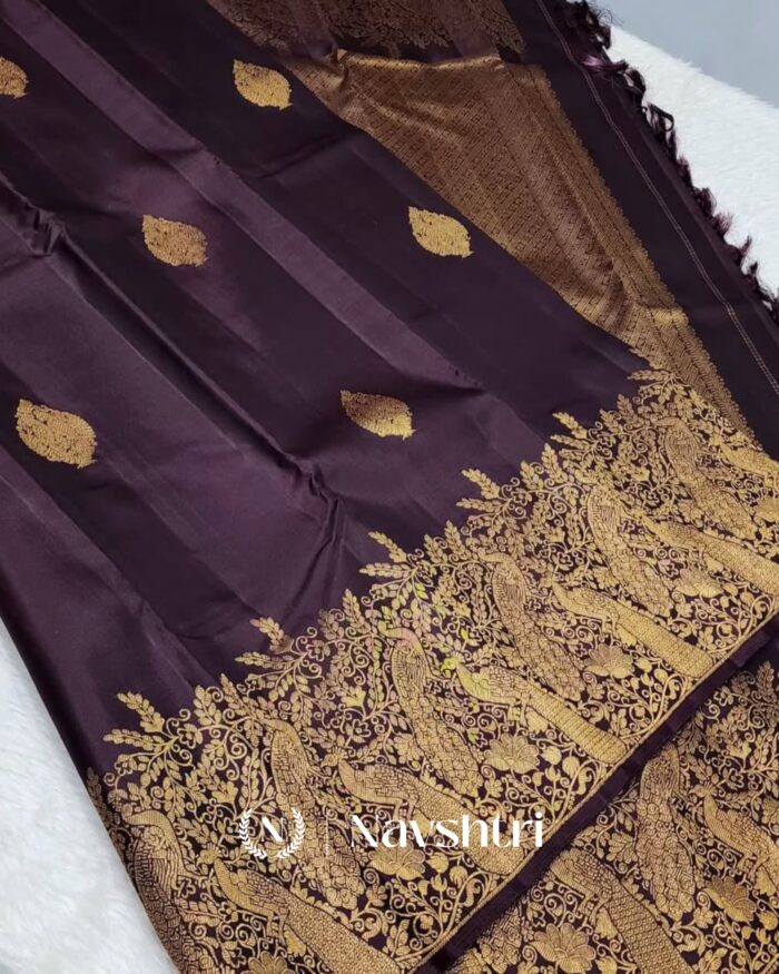 Brown Color Color Elite Pure Golden Zari Work Soft Banarasi Silk Saree with Classy Blouse Piece - Image 5