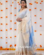 White Color Luxury Edition Soft Banarasi Silk Saree with Classy Sky Blue Color Blouse Piece - Image 3