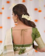White Color Recent Release Soft Banarasi Silk Saree with Classy Green Color Blouse Piece - Image 5