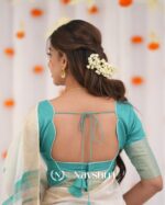 White Color Recent Drop Soft Banarasi Silk Saree with Classy Bottle Blue colorBlouse Piece - Image 6