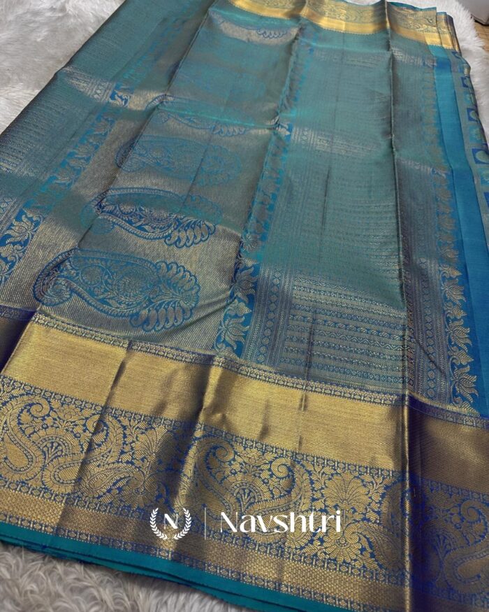 Bottle Blue Color Latest Drop Pure Golden Zari Work Soft Banarasi Silk Saree with Classy Blouse Piece - Image 5