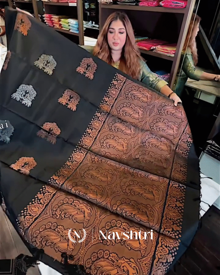 Demanding Black Color Soft Banarasi Silk Saree With Pure Golden Zari Work & Classy Blouse Piece - Image 1