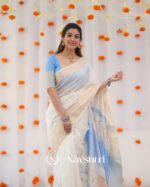White Color Luxury Edition Soft Banarasi Silk Saree with Classy Sky Blue Color Blouse Piece - Image 4