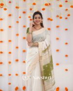 White Color Recent Release Soft Banarasi Silk Saree with Classy Green Color Blouse Piece - Image 6