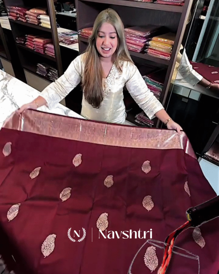 Divine Wine Color Soft Banarasi Silk Saree With Pure Golden Zari Work & Classy Blouse Piece - Image 8