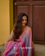 Gulab Surya - Pink & Saffron Striped Linen Saree with Blouse Piece - Image 2
