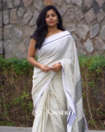 Divya Rekha - White Linen Saree with Lining Stripe & Pallu Lining Design with Blouse Piece