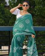 Bottle Green Color 1 Minute Ready To Wear Mulmul Cotton Digital Printed Saree With Pocket - Image 2