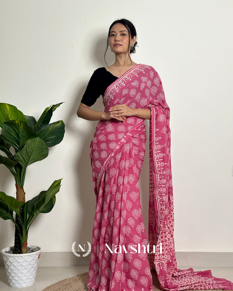 Image00001 Pink Color 1 Minute Ready To Wear Mulmul Cotton Digital Printed Saree With Pocket - Image 1