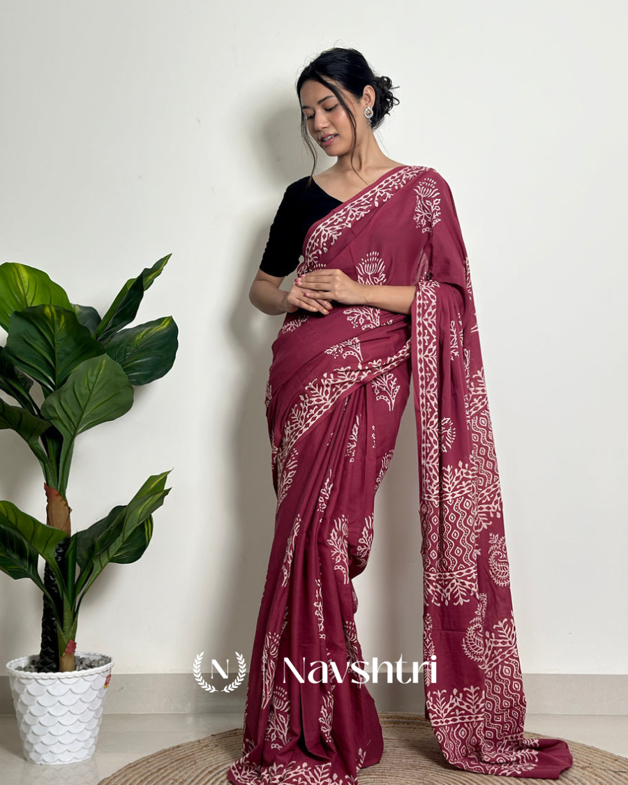 Image00001 Marron Color 1 Minute Ready To Wear Mulmul Cotton Digital Printed Saree With Pocket - Image 1