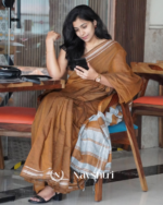 Tejas Dhara - Saffron Linen Saree with Silver Border Design & Blouse Piece - Image 2