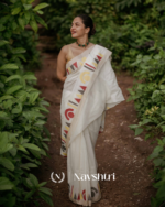 Chitra Mandal - White Linen Saree with Border, Triangle & Half Circle Design with Blouse Piece